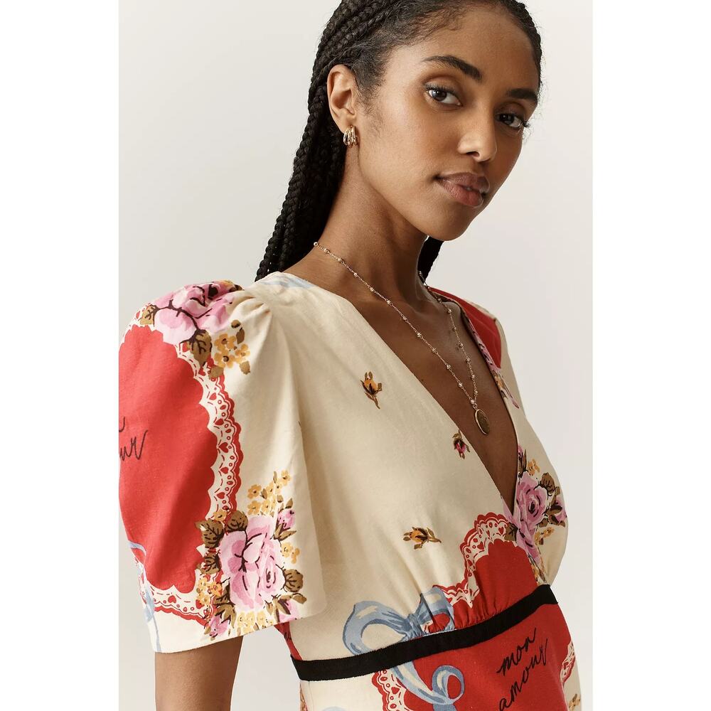 nwt ANTHROPOLOGIE MAEVE sz L Lucky Charm V-Neck Puff Sleeve dress - Picture 3 of 5